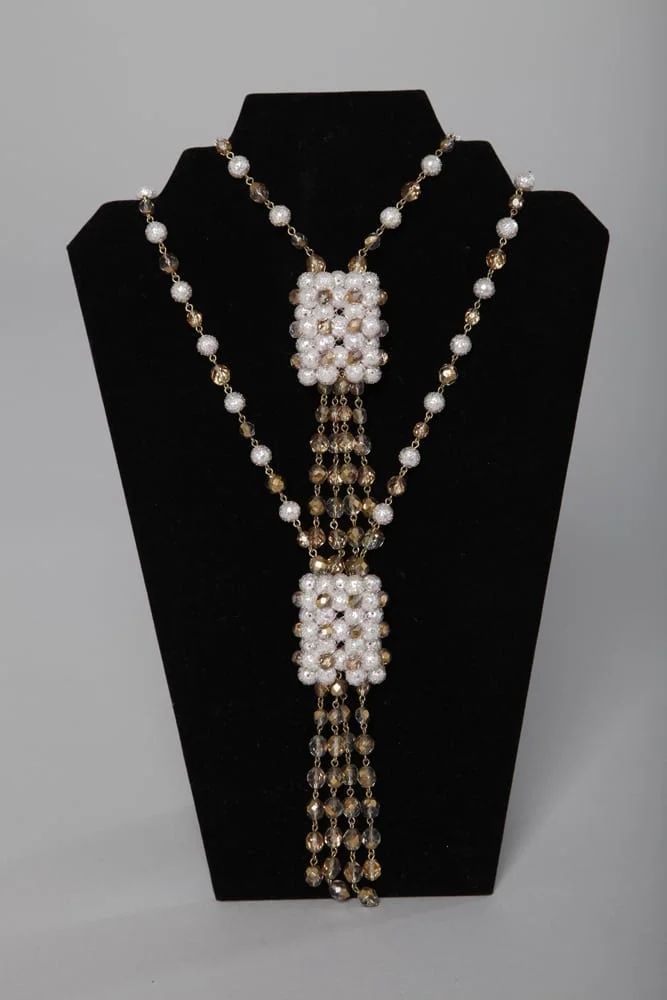 Collier double rang de perles blanc rosé et or
