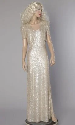 Ensemble robe longue et boléro 1930 entièrement brodé de paillettes irisées