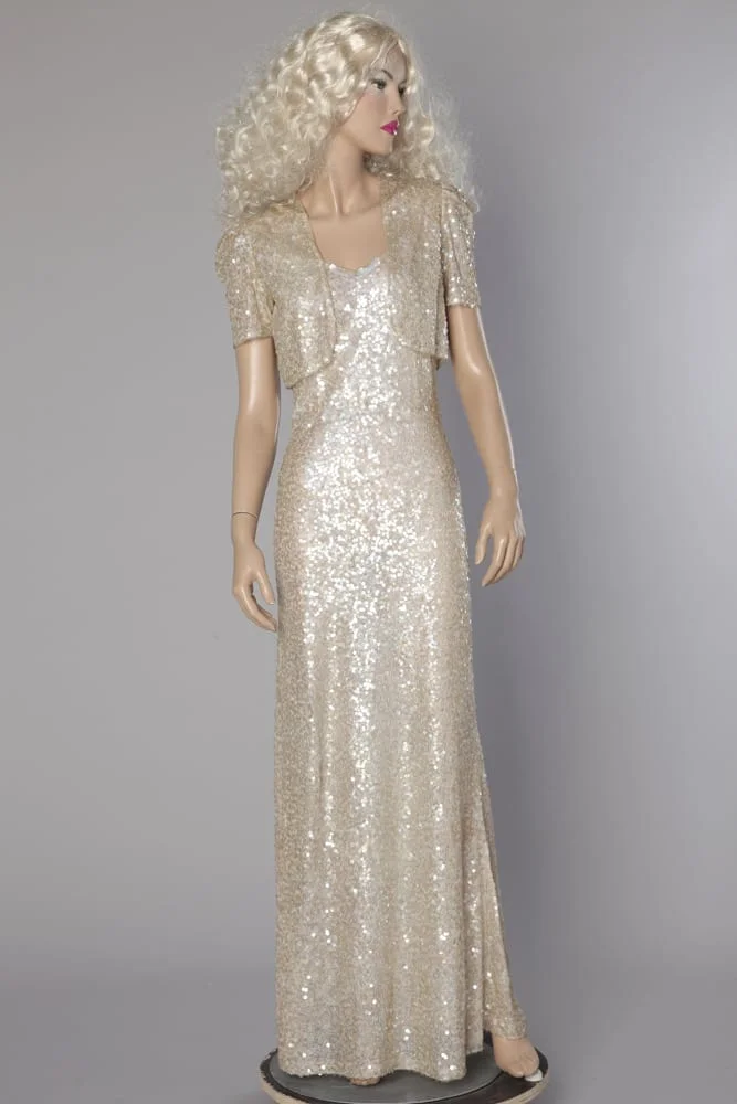 Ensemble robe longue et boléro 1930 entièrement brodé de paillettes irisées