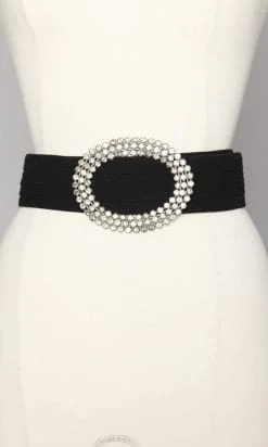 Ceinture 1970 noire et grosse boucle en métal argenté et strass