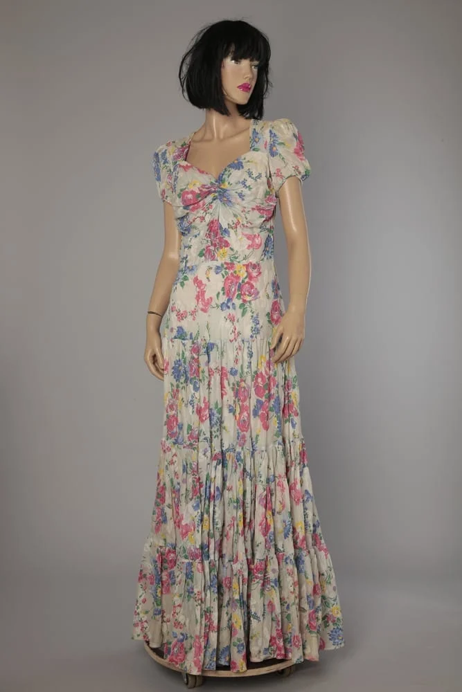 Robe longue 1940 en voile de coton imprimé