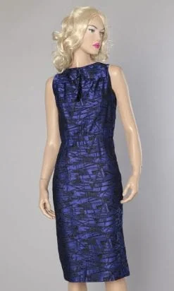 Robe en satin bleu jacquard de fils lurex noir 1960