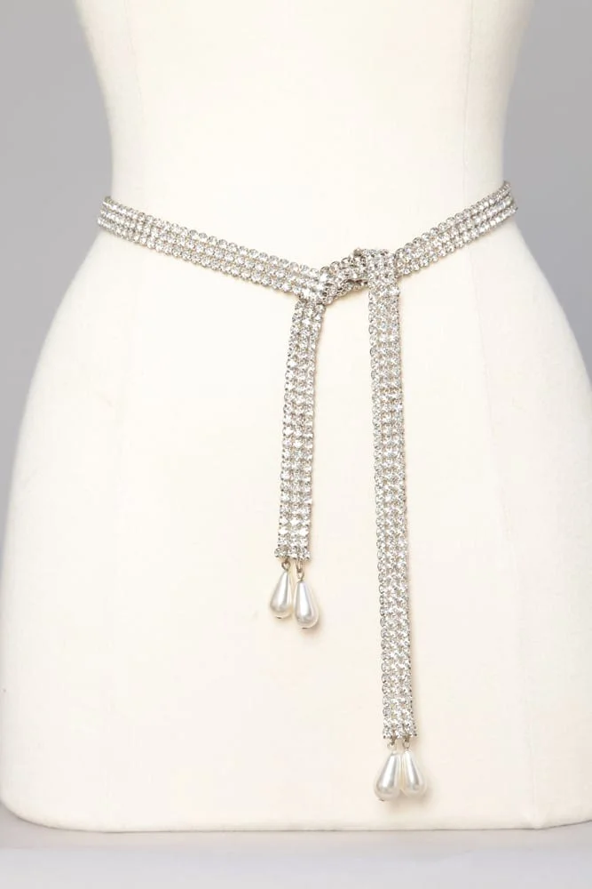 Ceinture en métal argenté strassé et perles nacrées
