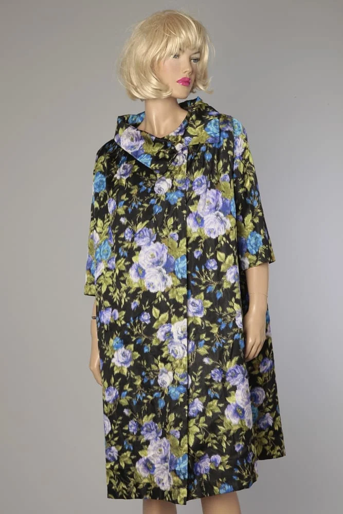 Manteau 1950 en reps de satin de soie imprimé