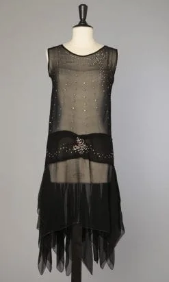Robe 1925 en mousseline de soie noire incrustée de strass