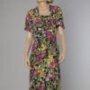 Robe 1940 en viscose noire imprimée de fleurs jaunes mauves et fuschsia