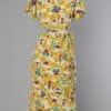 Robe 1940 en crêpe de soie jaune imprimée de motifs asiatiques