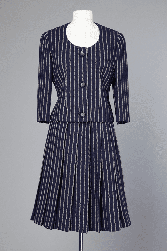 Tailleur 1960 en lainage rayé marine et blanc griffé Jean Patou