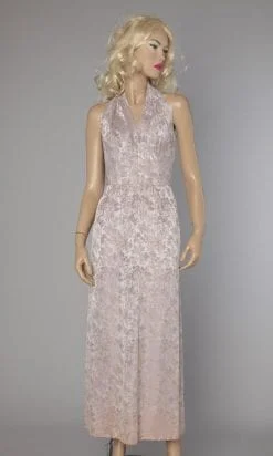 Robe longue 1960 en satin mauve et jacquard