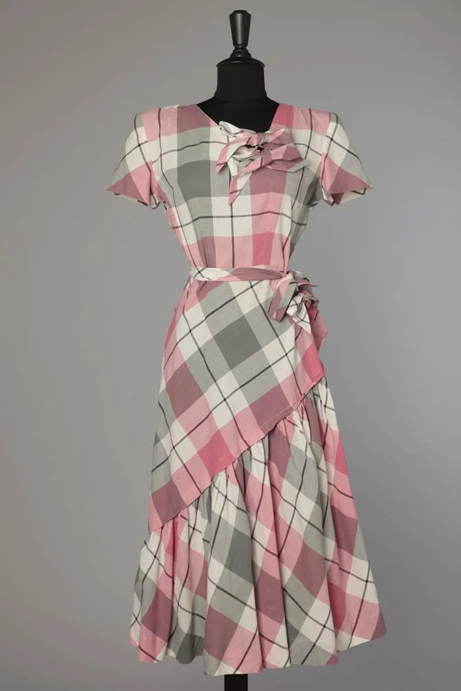 Robe 1950 - 1960 à carreaux rose gris blancs