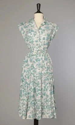 Robe 1950 en coton imprimé gris claire et turquoise
