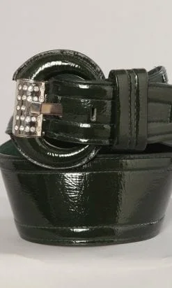 Ceinture en cuir verni vert, boucle argent et strass