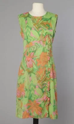 Robe 1960 en nylon vert imprimée de fleurs exotiques