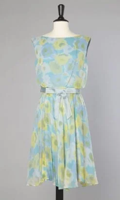 Robe 1960 en mousseline de soie jaune et bleu