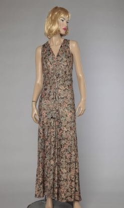 Robe longue 1930 en soie imprimée, jacquard or