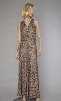 Robe longue 1930 en soie imprimée, jacquard or