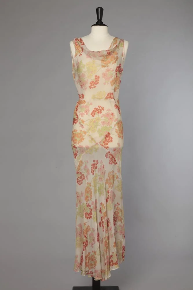 Robe longue en voile de vicose 1930 imprimée de fleurs