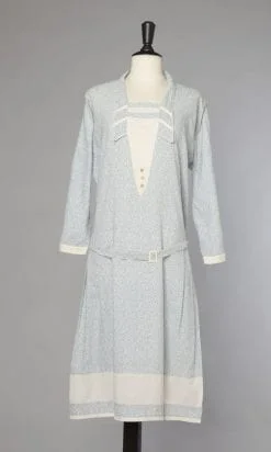Robe 1920 d'été en coton imprimé bleu et blanc