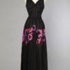 Robe 1930 longue en faille noire appliquée de motifs de fleurs