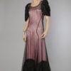Robe longue noire en tulle 1930 brodée de rosaces et faille
