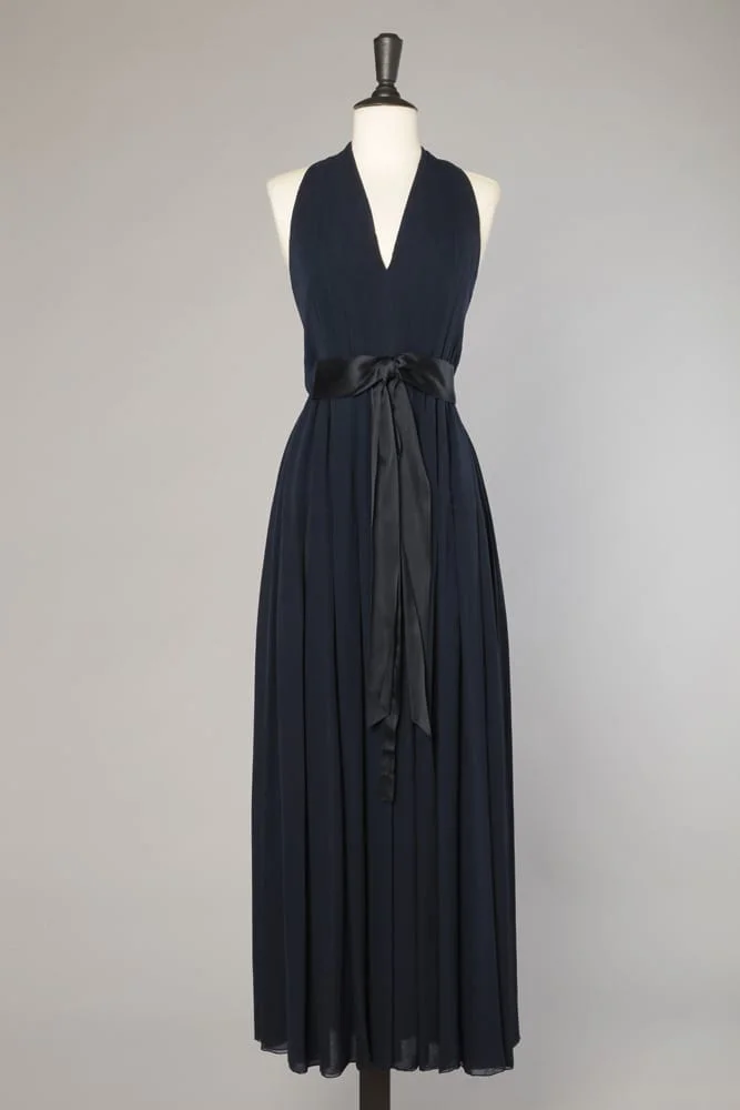 Robe longue en mousseline bleu marine 1980 griffée Bill Blass
