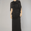 Robe longue 1930 en crêpe noire avec cape assortie frangée de soie noire