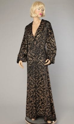 Long manteau du soir 1930 en satin noir et or