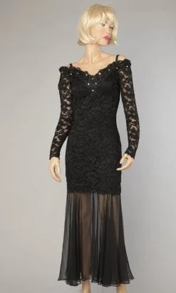 Robe 1980 en dentelle noire strassée et mousseline noire