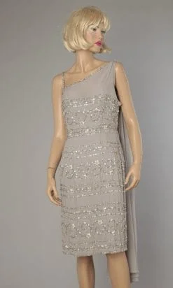Robe 1960 en mousseline de soie grise brodée de perles griffée Fercioni
