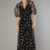 Robe longue en tulle noir 1930 brodée de pois roses