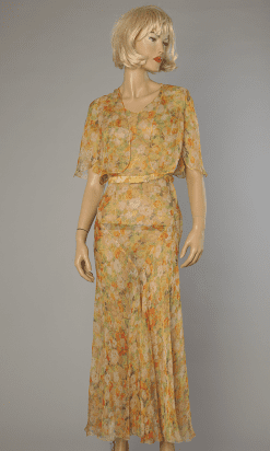 Longue Robe 1930 en mousseline jaune imprimée et boléro assorti