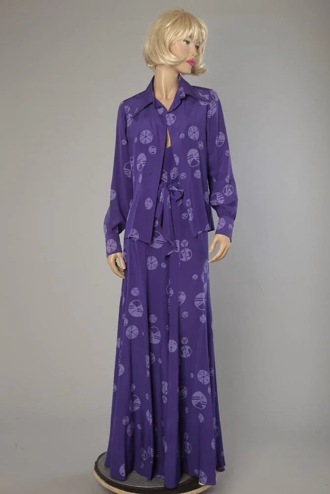 Robe et veste 1970 en soie violette Popard