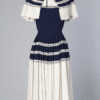 Robe et capeline en lin marine et blanc 1950