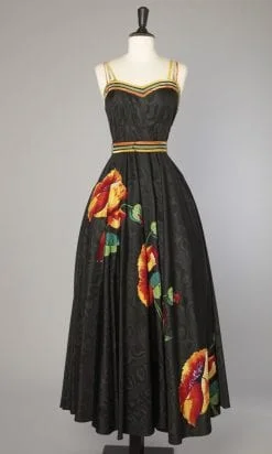 Robe du soir 1940 en moire et apllications de grandes fleurs