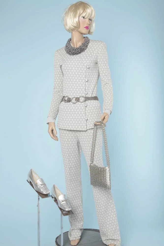 Tailleur pantalon en jersey tricoté lurex argent
