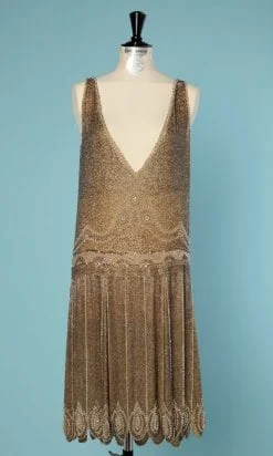 Robe 1925 en voile de coton jaune brodée de perles et strass
