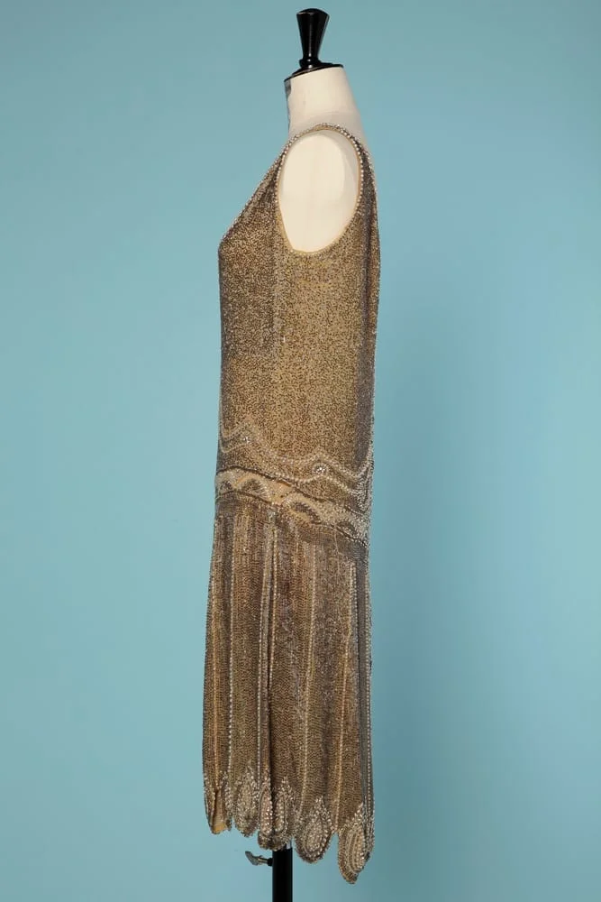 Robe 1925 en voile de coton jaune brodée de perles et strass – Image 6