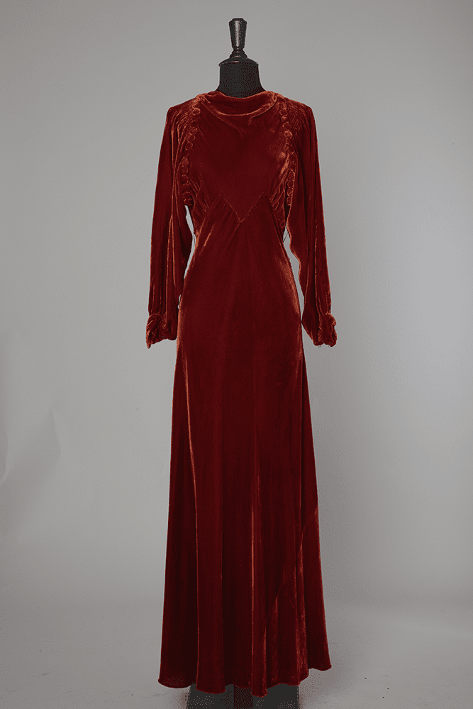 Robe longue 1930 en velours de soie pain brulé