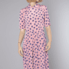Robe 1940 en crêpe rose à gros pois violets et blancs