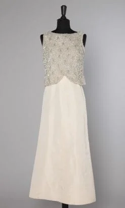 Robe longue 1960 en soie bustier perlé, strassé et pailleté