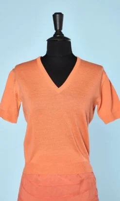 Pull manches courtes en laine abricot 1950