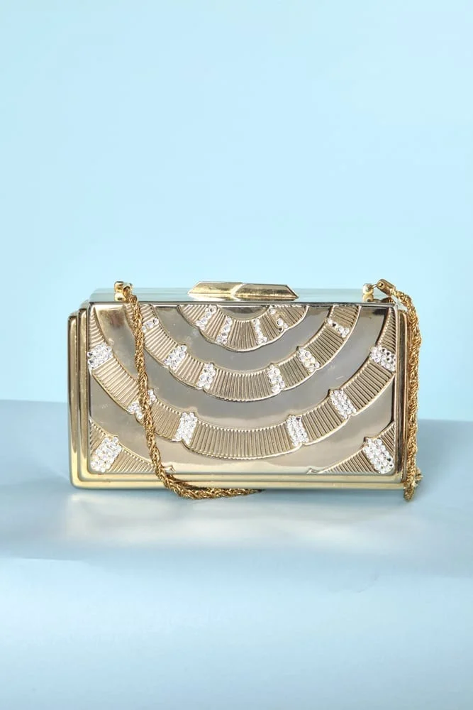 Minaudière en métal doré et strass argent de chez Sak's Fifth Avenue