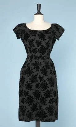Robe en soie et velours dévoré noir 1950-1960