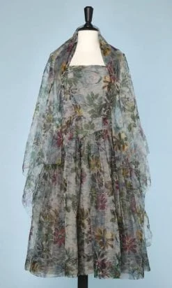 Robe 1950 en voile de nylon gris imprimée de fleurs