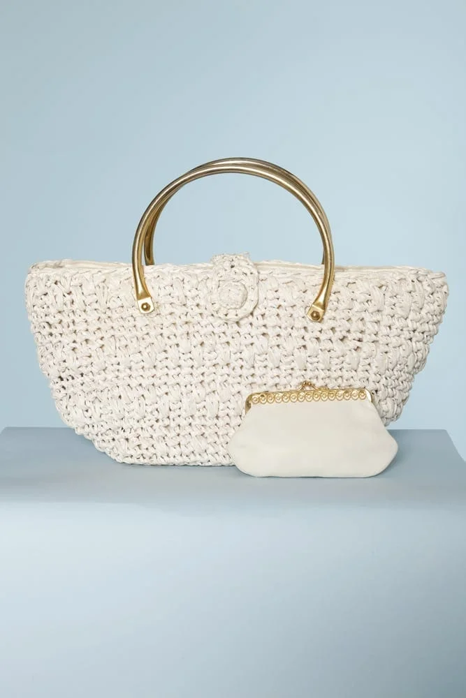 Sac 1950 en raphia et anse en métal