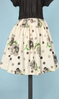 Jupe 1950 en coton blanc imprimée de pois et roses grises