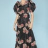 Robe 1930 en faille de soie noire imprimée de fleurs