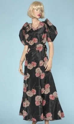 Robe 1930 en faille de soie noire imprimée de fleurs