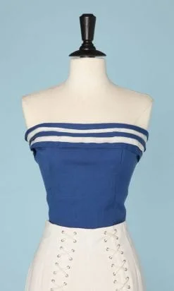 Bustier 1950 en lin bleu à rayures blanches