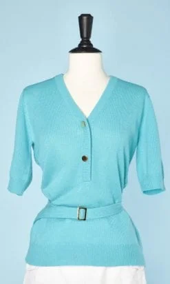 n5480_pull_1960_tricot_bleu_turquoise_boutons_dore_ceinture_pic002